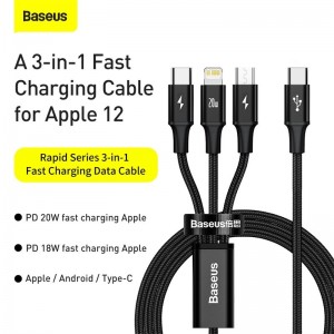 Cáp sạc đa năng  Baseus Rapid Series 3-in-1 PD 20W (Type C to Type C / Lightning/ Micro USB, Fast Charging & Data Cable )